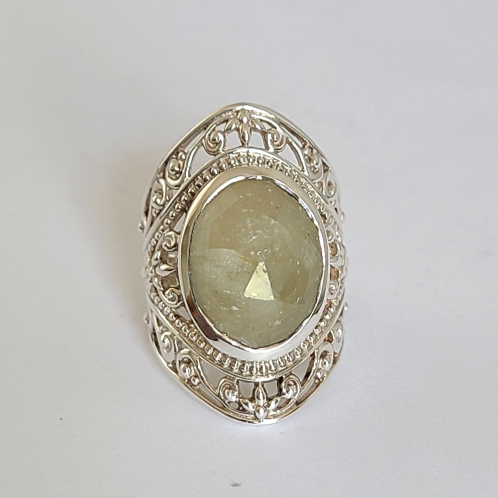 Vintage Boho Chunky Oval Faceted Green Amethyst Cabochon Sterling Silver Ring